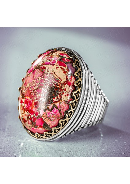 925 Ayar Gümüş Varasit Taşlı Pembe Zirkon Işlemeli Usta Işi Erkek Yüzük