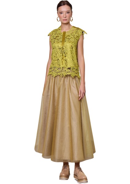 Julianna Beli Lastikli Kloş Tül Etek