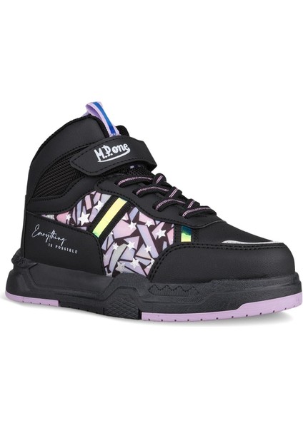 Büyük Kız Çocuk Bağcıklı / Velcro Siyah-Mor Sneaker Bot