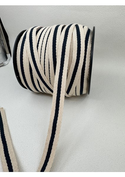 2 cm Çizgili Dokuma Kolon Şerit-5 Metre (Ekru/mavi)