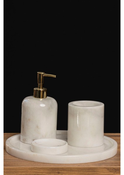 Bej mermer banyo seti, 4 parça şık ve şeffaf tasarım