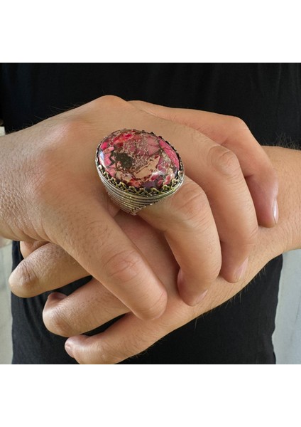 925 Ayar Gümüş Varasit Taşlı Pembe Zirkon Işlemeli Usta Işi Erkek Yüzük modelleri