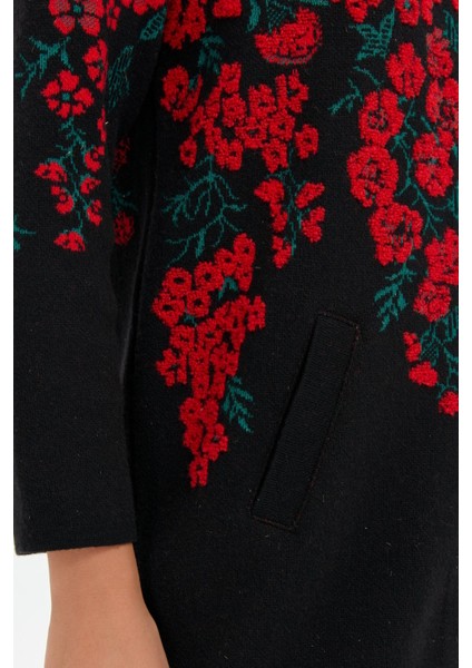 Kadın Dik Yaka Çiçekli Uzun Yün Kaban Siyah fırsatları