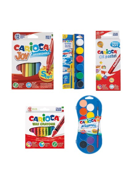 Okul Boyama Seti 5'li (Sulu Boya 12'li - Wax Crayon 12'li - Yağlı pastel 12'li- Joy Keçeli 12'li - Tempera Parmak Boya 6'lı + Fırçalı)