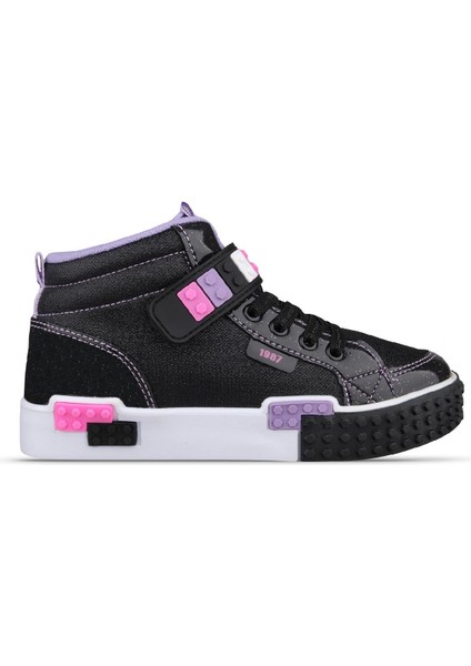 Büyük Kız Çocuk Bağcıklı / Velcro Siyah-Pembe Sneaker Bot