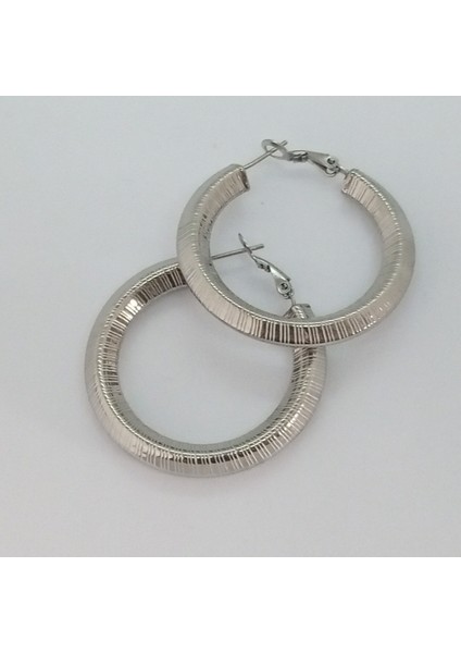 Çelik Silver Çizgili Halka Küpe 4cm