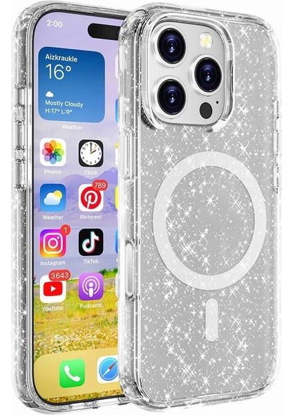 Apple iPhone 16 Pro Kılıf Magsafe Şarj Parlayan Simli Şeffaf Renkli Allstar Kapak