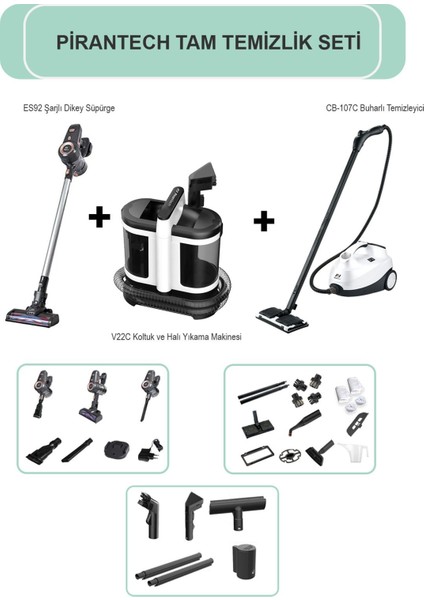 ES92 Şarjlı Dikey Kablosuz / V22C Koltuk ve Halı Yıkama Makinesi / CB-107C Buharlı Temizlik Makinası