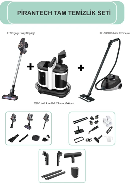 ES92 Şarjlı Dikey Kablosuz / V22C Koltuk ve Halı Yıkama Makinesi / CB-107C Buharlı Temizlik Makinası