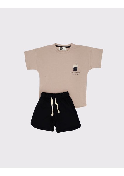 Kız / Erkek Çocuk %100 Pamuklu Beli Lastikli, Bağcık Detaylı Şort ve Baskılı Tişört 2'li Takım_RG1559