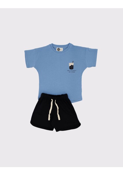 Kız / Erkek Çocuk %100 Pamuklu Beli Lastikli, Bağcık Detaylı Şort ve Baskılı Tişört 2'li Takım_RG1559