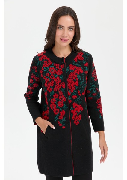 Kadın Dik Yaka Çiçekli Uzun Yün Kaban Siyah fiyatları
