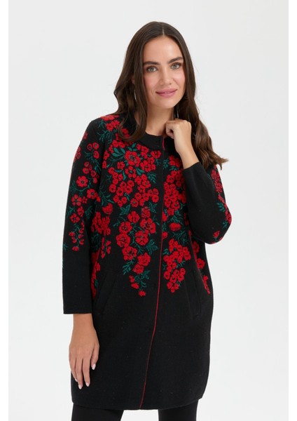 Kadın Dik Yaka Çiçekli Uzun Yün Kaban Siyah indirimleri