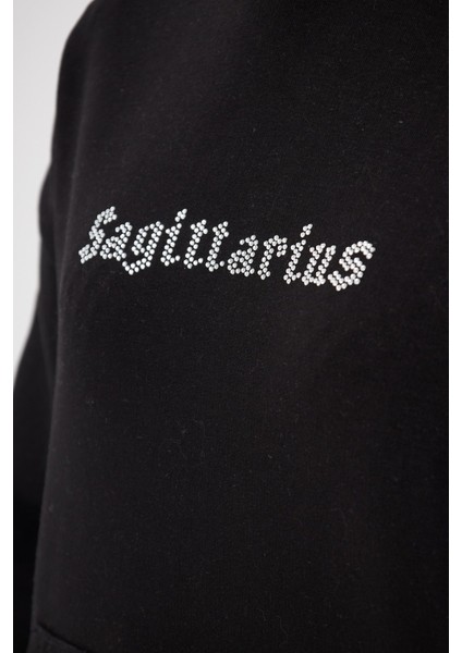 Kapüşonlu Içi Polar Sagittarius Yazılı Taş Baskılı Siyah Oversize Sweatshirt