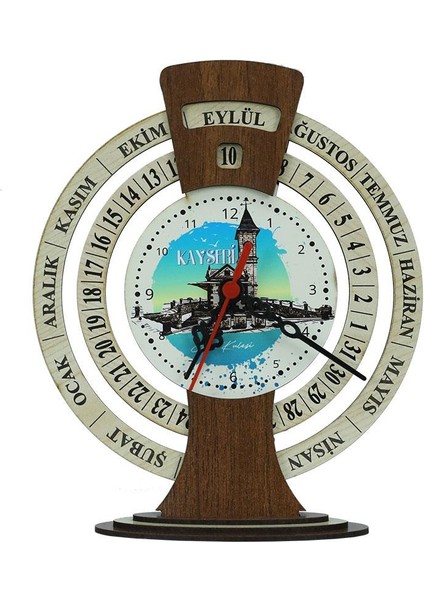 El Işçiliği Kayseri Saat Kulesi Ahşap Takvimli Masa Saati 25X20 Cm- 6009