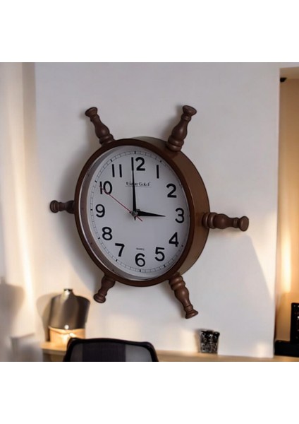Nostaljik Eskitme Ahşap Gemici Dümen Duvar Saati Çap 35 cm