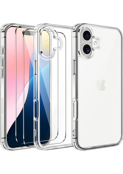 Apple iPhone16 Plus Şeffaf Silikon Kılıf & 2 Adet Temperli Cam Ekran Koruyucu Seti