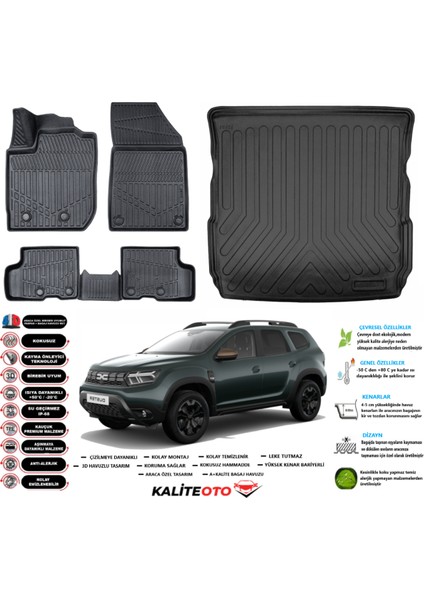 Dacia Duster 4WD (4x4) 2022 Sonrası 3D Bagaj Havuzu+3d Araca Özel Paspas Takımı Birebir Uyumlu