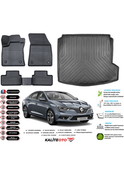 Megane 4 Sedan 2016 Sonrası Sağ Kulaklı Bagaj Havuzu+3d Araca Özel Paspas Takımı Birebir Uyumlu