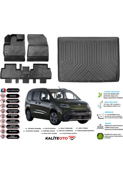 Toyota Proace City 2021 Sonrası 3D Bagaj Havuzu+3d Araca Özel Paspas Takımı Birebir Uyumlu