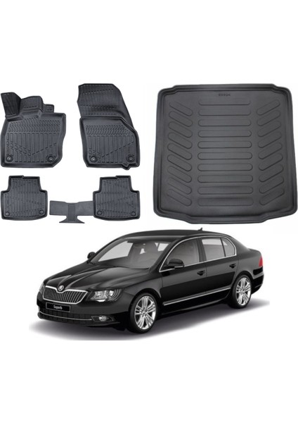 Skoda Super B 2013 Model 3D Bagaj Havuzu+3d Araca Özel Paspas Takımı Birebir Uyumlu