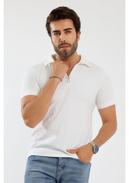 Erkek Fermuarlı Jakarlı Çizgi Kabartmalı T-Shirt