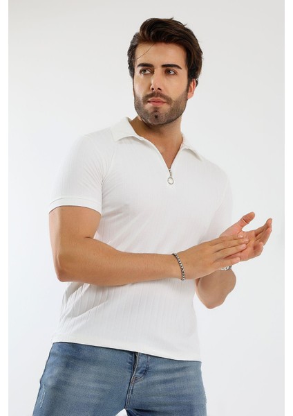 Erkek Fermuarlı Jakarlı Çizgi Kabartmalı T-Shirt