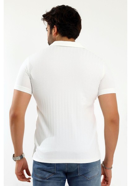 Erkek Fermuarlı Jakarlı Çizgi Kabartmalı T-Shirt