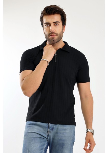 Erkek Fermuarlı Jakarlı Çizgi Kabartmalı T-Shirt
