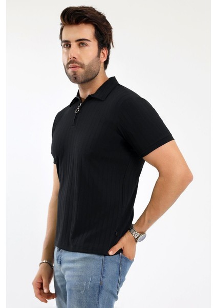 Erkek Fermuarlı Jakarlı Çizgi Kabartmalı T-Shirt