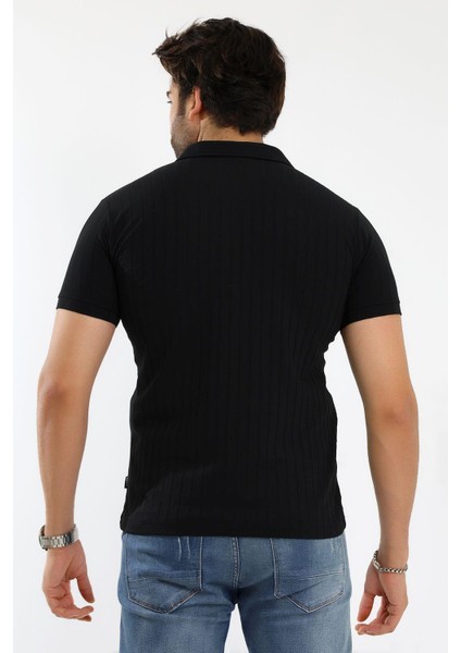 Erkek Fermuarlı Jakarlı Çizgi Kabartmalı T-Shirt