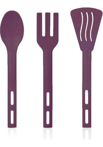 3lü Mini Plastik Spatula Kaşık Çatal Servis Seti Takımı Mor