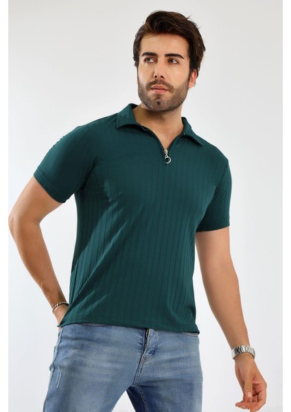 Erkek Fermuarlı Jakarlı Çizgi Kabartmalı T-Shirt