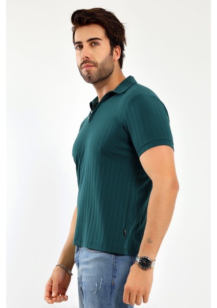 Erkek Fermuarlı Jakarlı Çizgi Kabartmalı T-Shirt