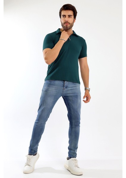 Erkek Fermuarlı Jakarlı Çizgi Kabartmalı T-Shirt
