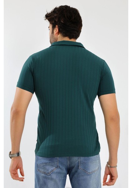 Erkek Fermuarlı Jakarlı Çizgi Kabartmalı T-Shirt