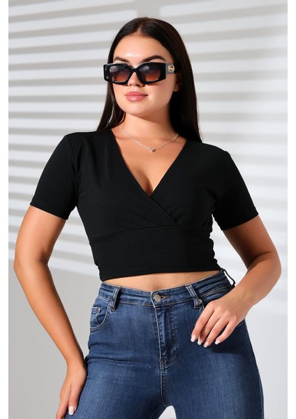 Kadın Kruvaze Yaka Crop Bluz