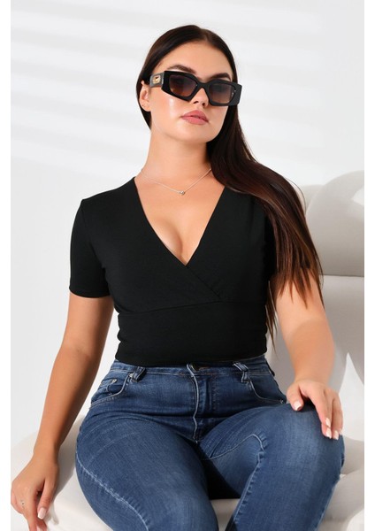 Kadın Kruvaze Yaka Crop Bluz