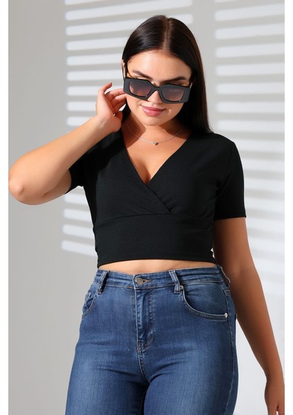 Kadın Kruvaze Yaka Crop Bluz