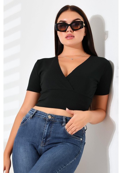 Kadın Kruvaze Yaka Crop Bluz