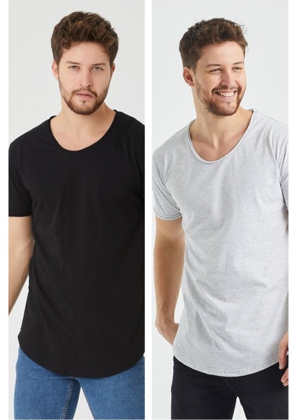 Erkek Siyah-Gri Oval Etek Geniş Yaka %100 Pamuk Kısa Kollu Tişört