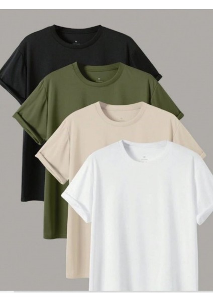 Erkek 4 Lü Paket Comfort Fit %100 Pamuk Kalın Dokulu Çok Renkli T-Shirt