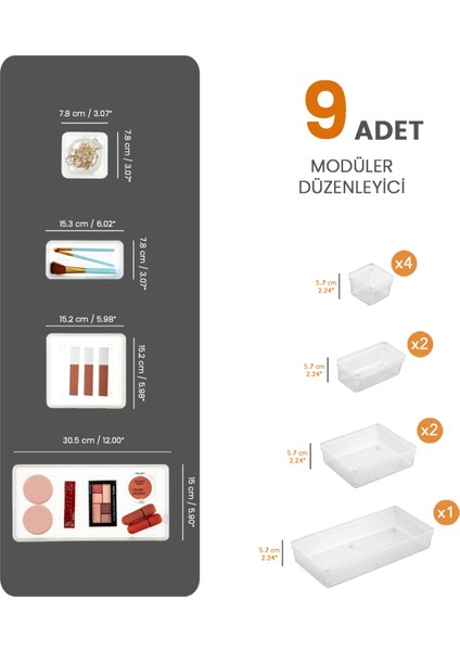 9'Lu Çekmece Içi Çok Amaçlı Organizer -Kozmetik Takı Makyaj Organizeri Dolap Içi Düzenleyici Şeffaf