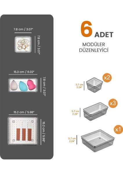 6'Lı Çekmece Içi Organizer - Kozmetik Takı Makyaj Organizeri Dolap Içi Düzenleyici - Antrasit fiyatları