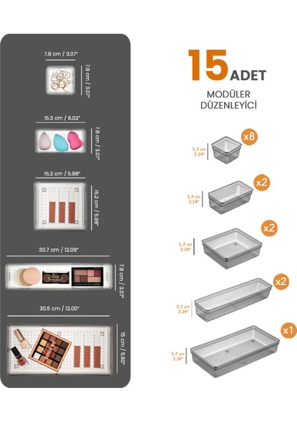15'Li Çekmece Içi Organizer - Kozmetik Takı Makyaj Organizeri Dolap Içi Düzenleyici - Antrasit fiyatları