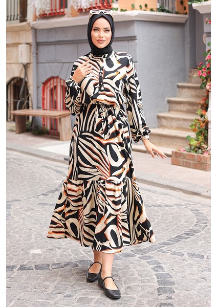 Alya Tünel Kemerli Tesettür Elbise 1202 -Bej indirimleri