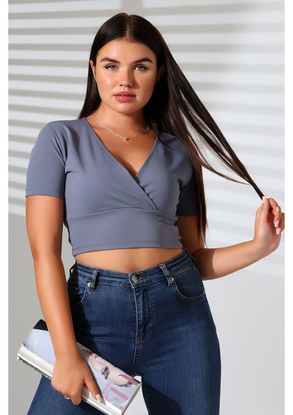 Kadın Kruvaze Yaka Crop Bluz