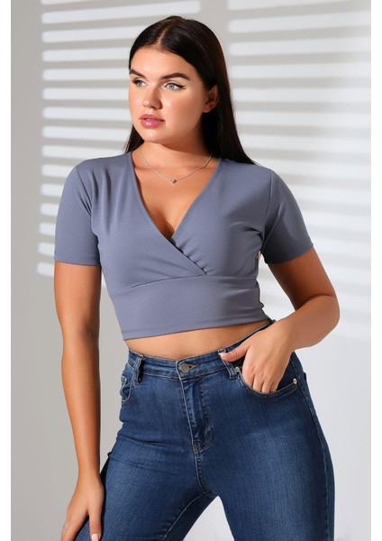 Kadın Kruvaze Yaka Crop Bluz