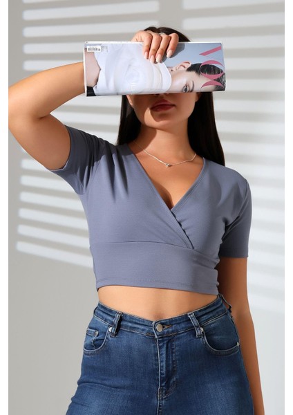 Kadın Kruvaze Yaka Crop Bluz