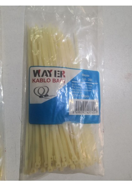 Kablo Bağı- Plastik Kelepçe - 3.6 x 200 mm - Cırt Kelepçe Beyaz 100 Adet Paket